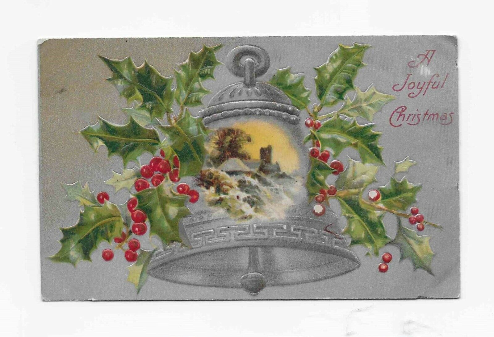 Vintage Postcard ** CHRISTMAS * SILVER BELL * HOLLY BERRIES * COUNTRY COTTAGE