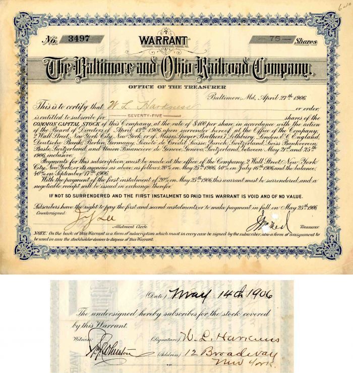 Baltimore and Ohio Railroad Co. Issued to and Signed by William L. Harkness - 19