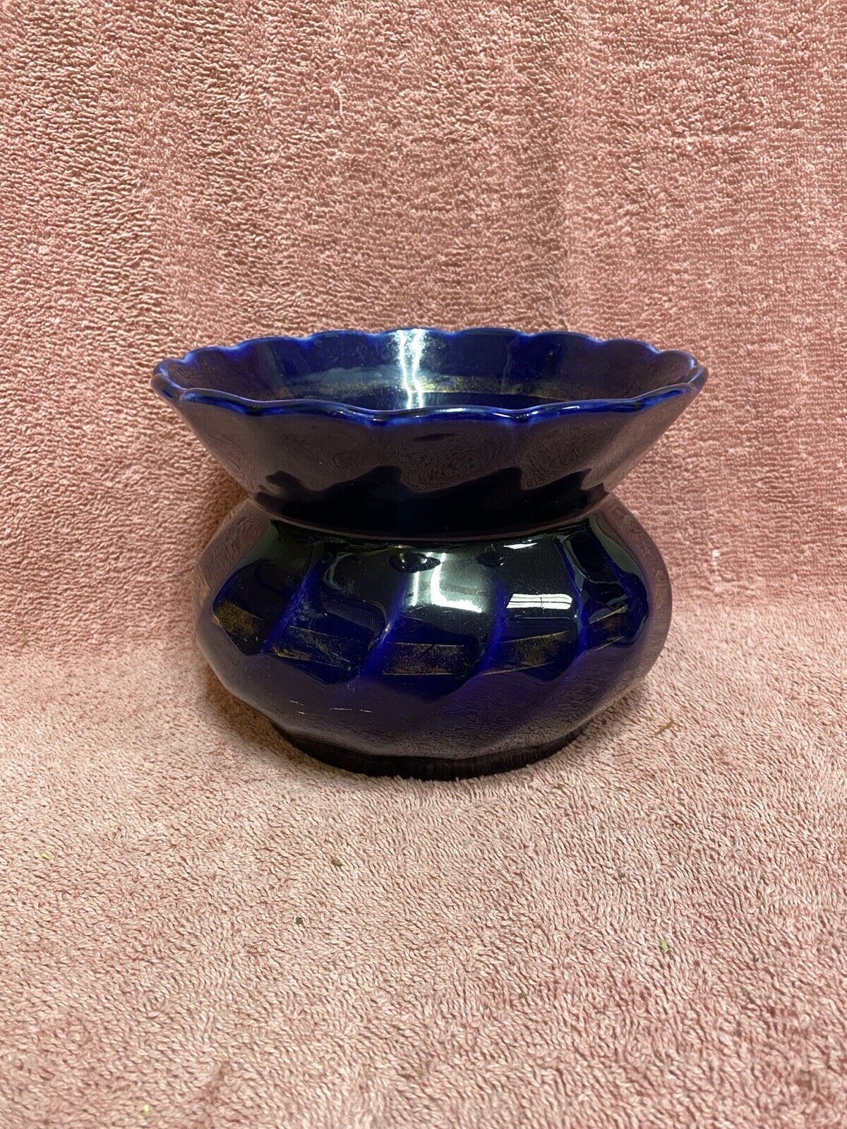 Vintage Primitive Cobalt Blue Glaze Stoneware Yellow Ware Spittoon Cuspidor