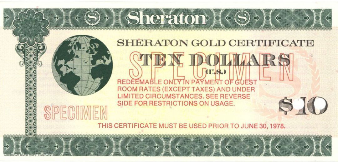 Sheraton Gold Certificate - American Bank Note Specimen - American Bank Note Spe