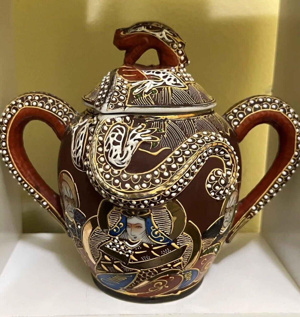 Vintage Japan Porcelain Satsuma Immortals Dragons Sugar Bowl with Lid