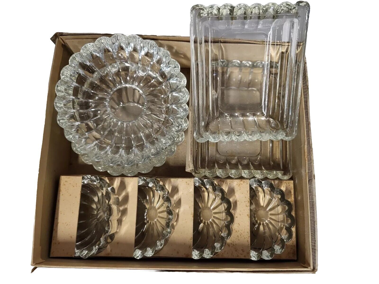 Vintage MCM Boxed Gift Set 8 Pressed Glass Ashtrays Salt Dips Dishes Bowls Mint