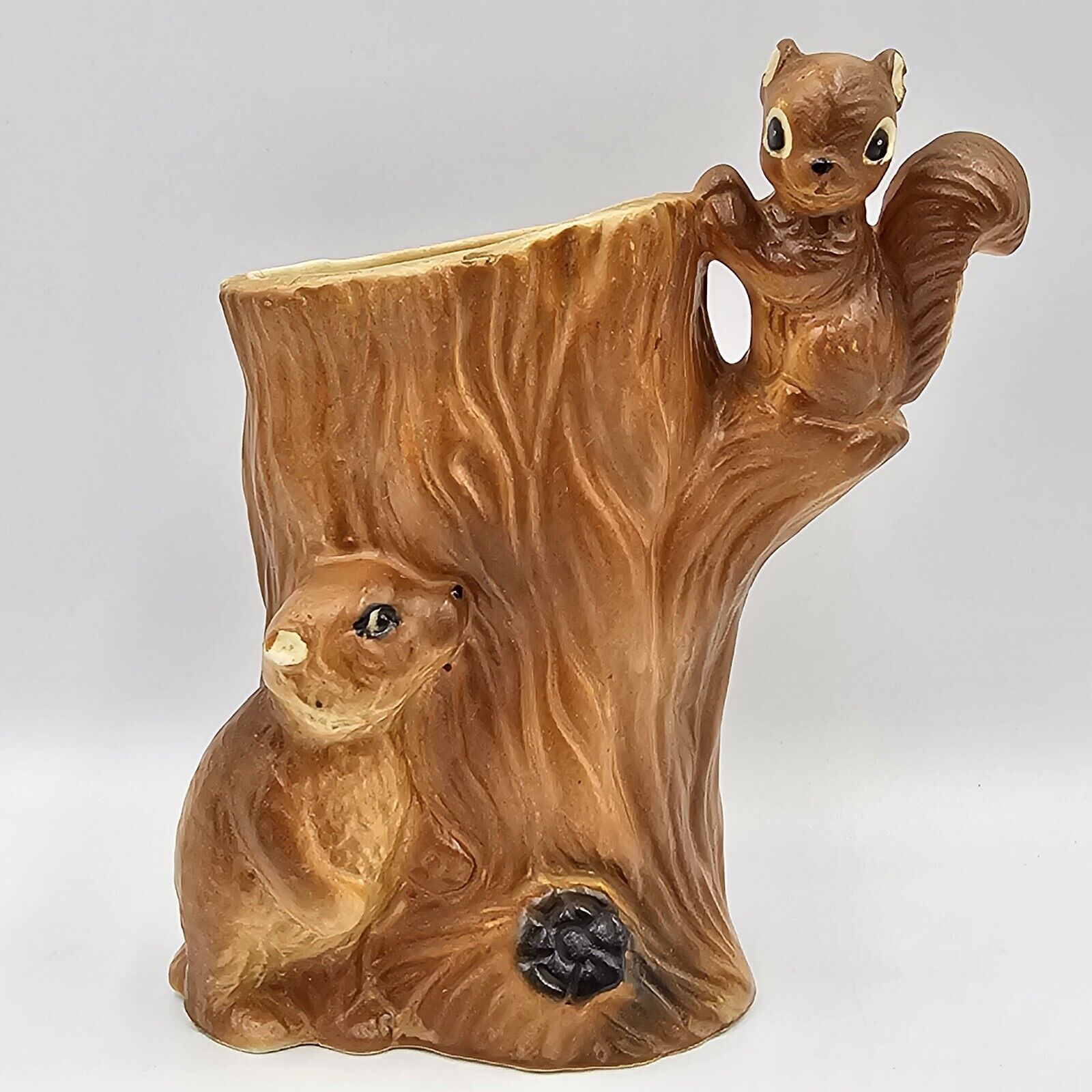 Vintage Wildlife Bear Squirrel Tree Ceramic Planter Vase Pen Holder Kitschy 5.5\