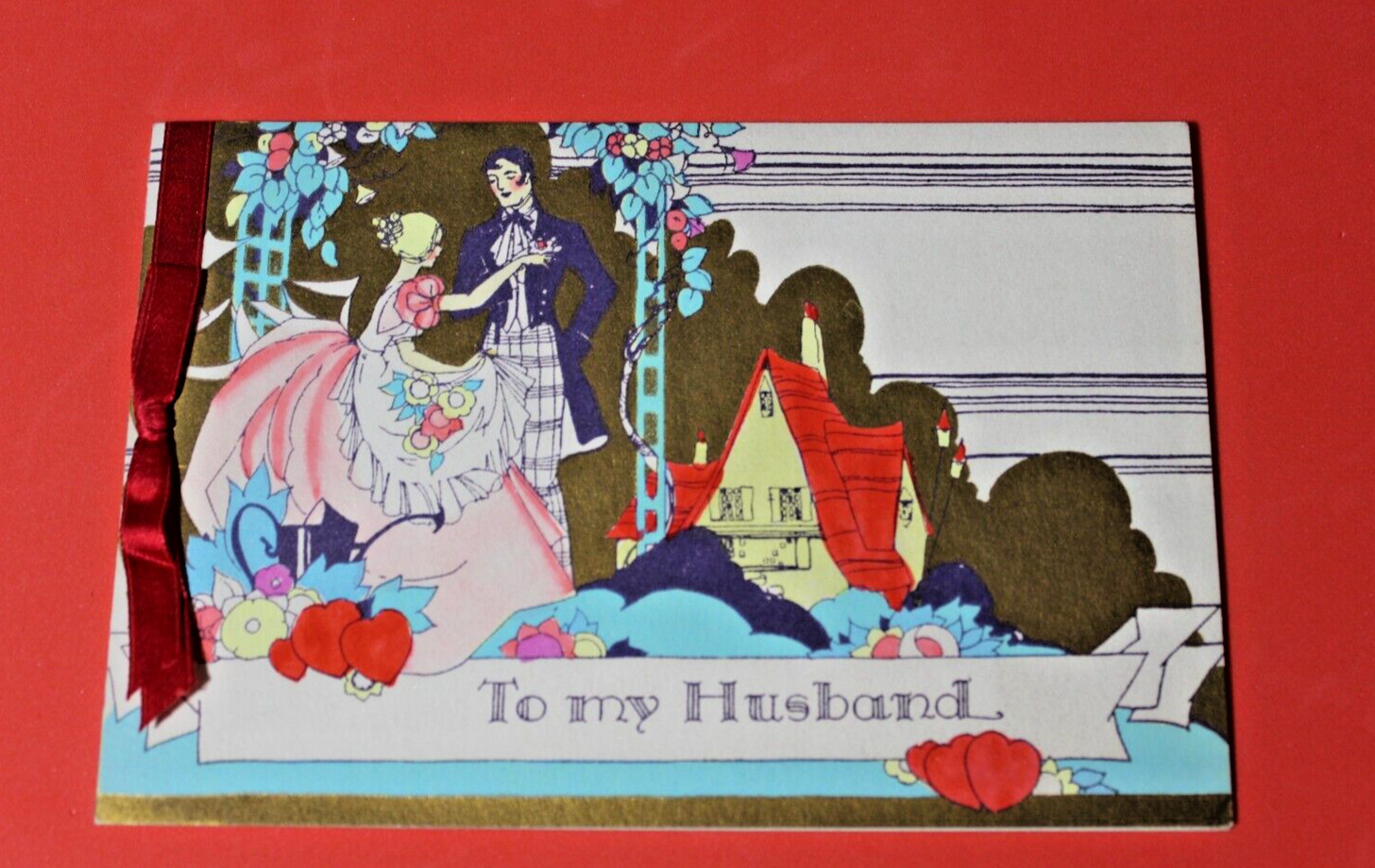 BEAUTIFUL Vintage 1930s Art Deco VALENTINE\'S DAY CARD w/Red Satin Ribbon--EXC