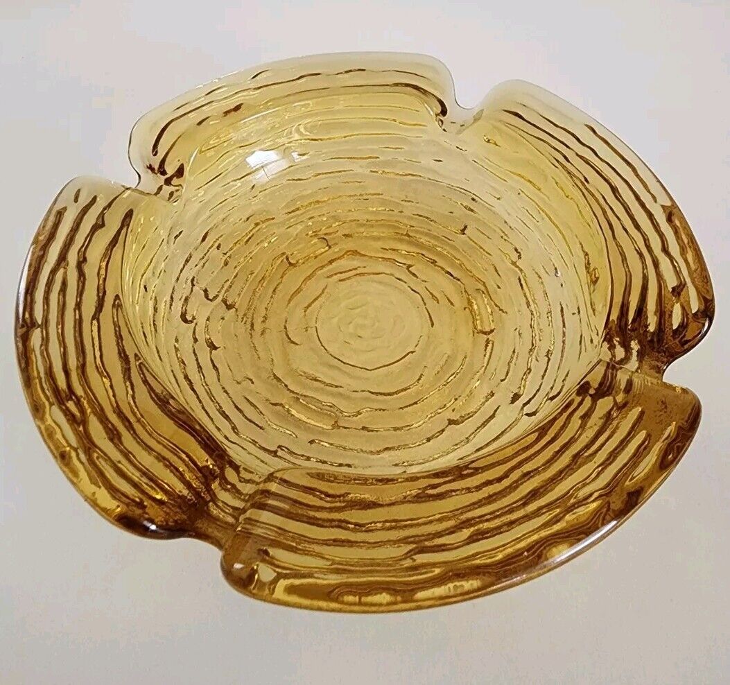 Amber Glass Ashtray Vintage Mid Century Modern Basket Weave Ripple Texture