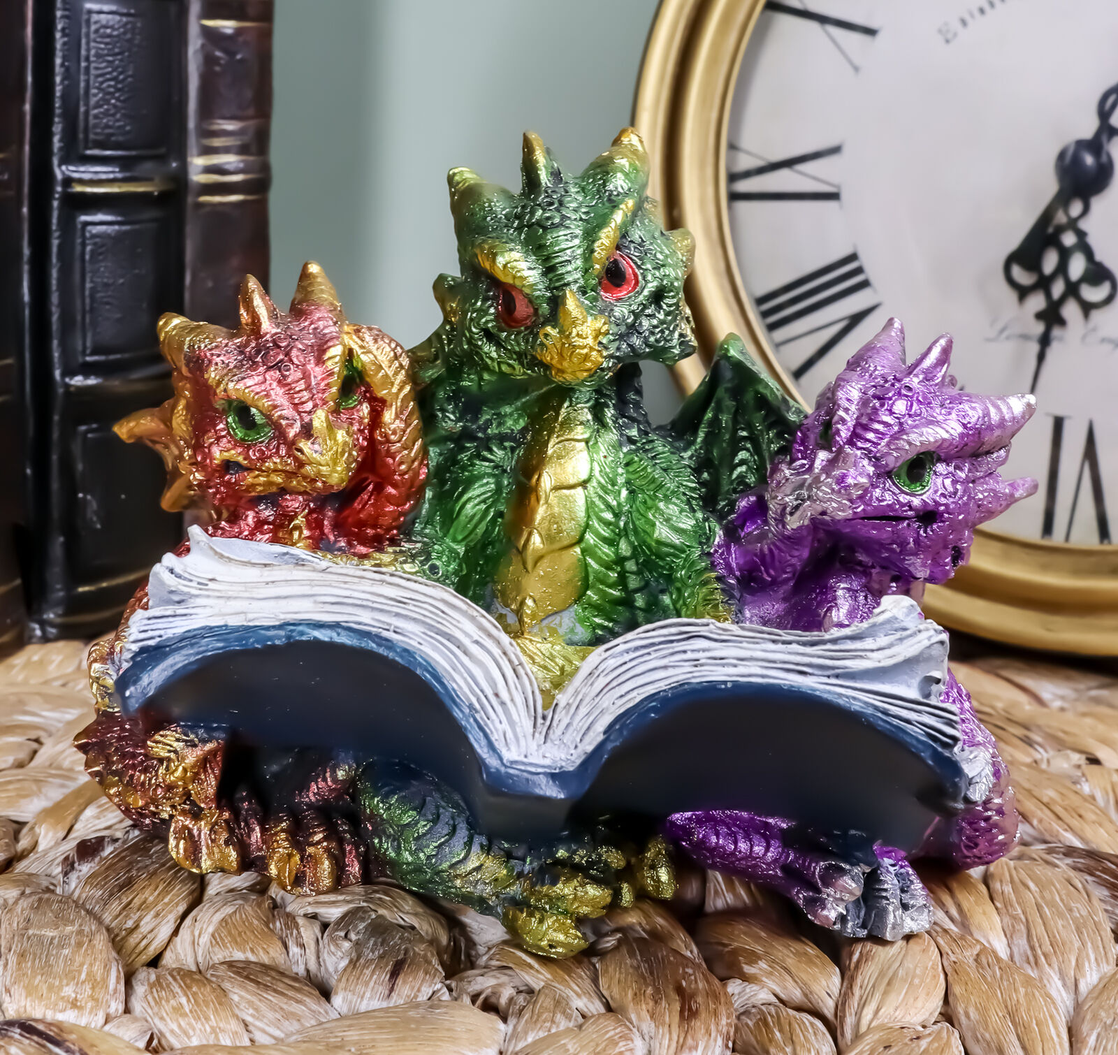 Ebros Metallic Three Bookworms Baby Dragons Reading Wyrmlings Figurine 3.25\