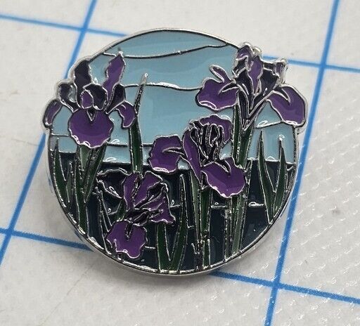 VTG Lapel Pinback Hat Pin Silver Tone Purple Flowers Round Enameled Pin