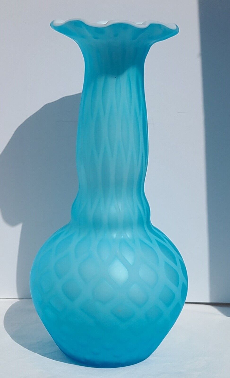 Antique Mt Washington Blue Mother of Pearl Diamond Cased Satin Art Glass Vase LG