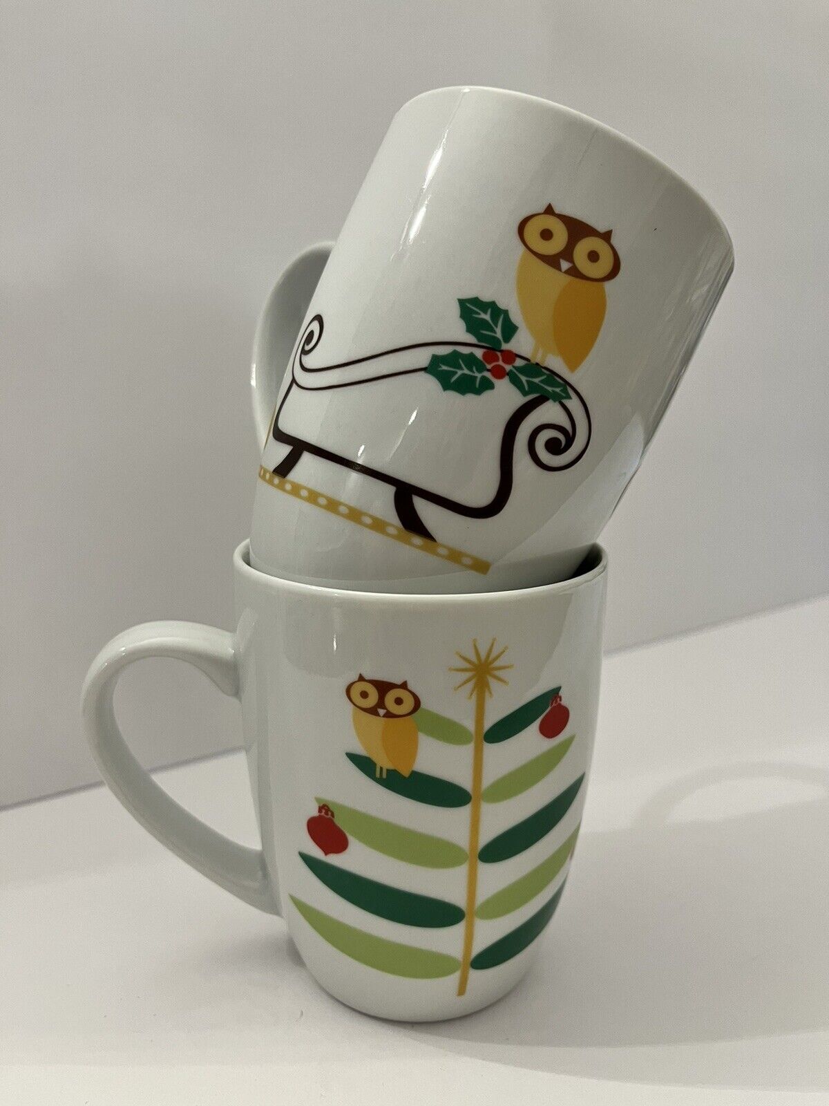 (2) Rachel Ray Holiday Hoot Owl Christmas Coffee Tea Mugs Cups