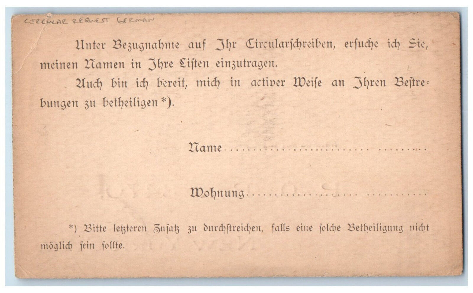 c1880\'s Cellular Request German New York City New York NY Postal Card