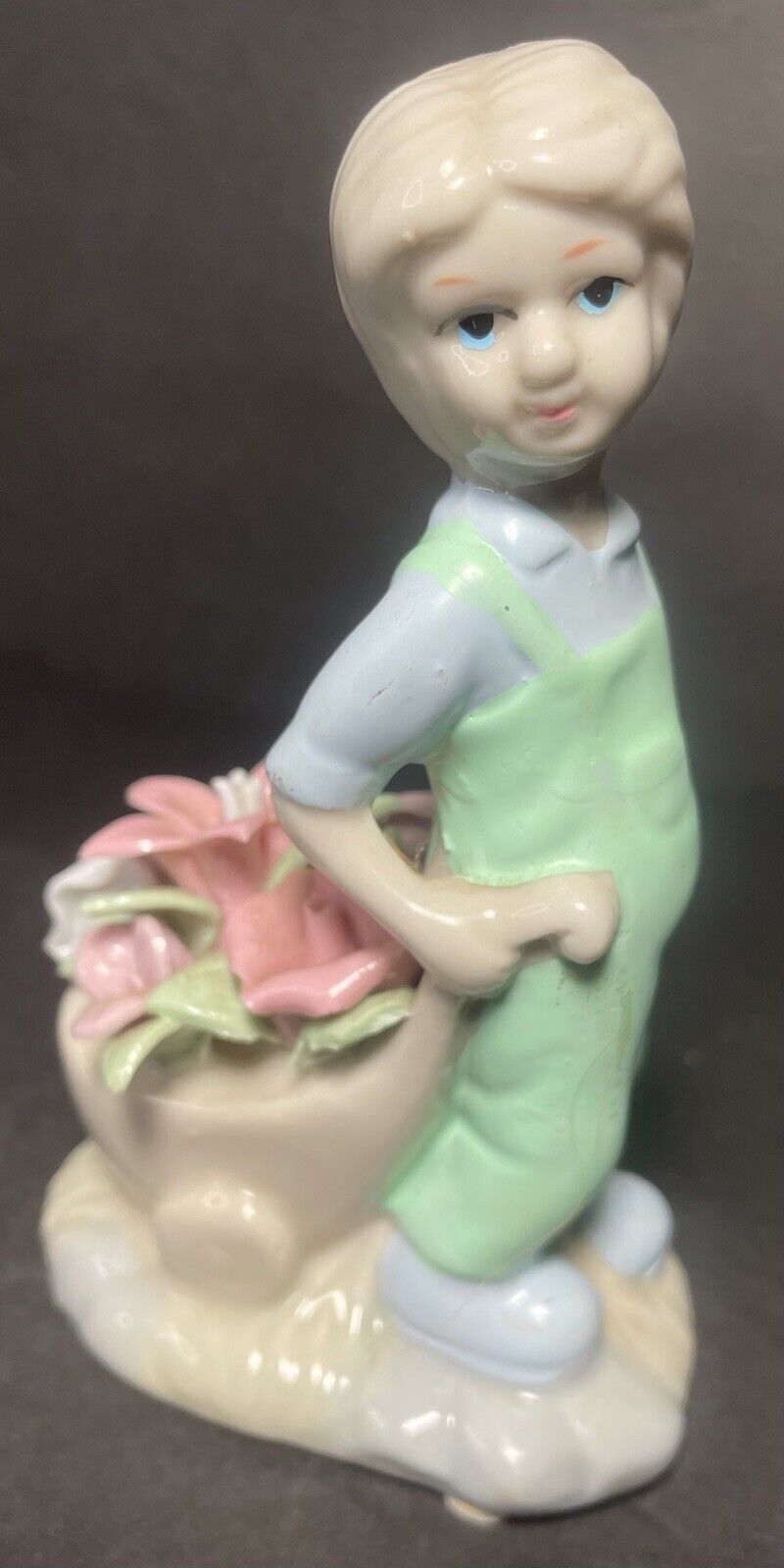 Girl Pulling A Cart Of Flowers Figurine Porcelain Ceramic Gardening Pastel READ