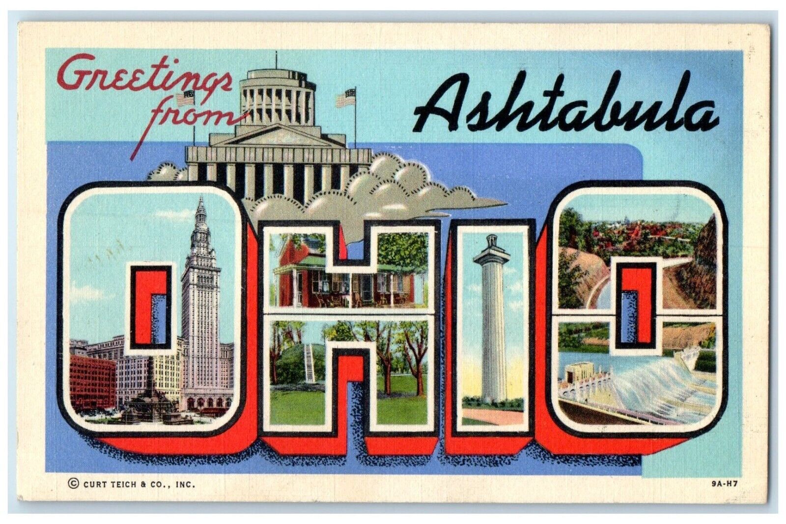 c1940 Greetings From Exterior Ashtabula Ohio OH Big Letters Multiview Postcard