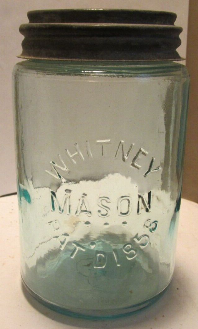 vintage fruit jar pint aqua Whitney Mason  Pat'd  1858 no damage zinc lid