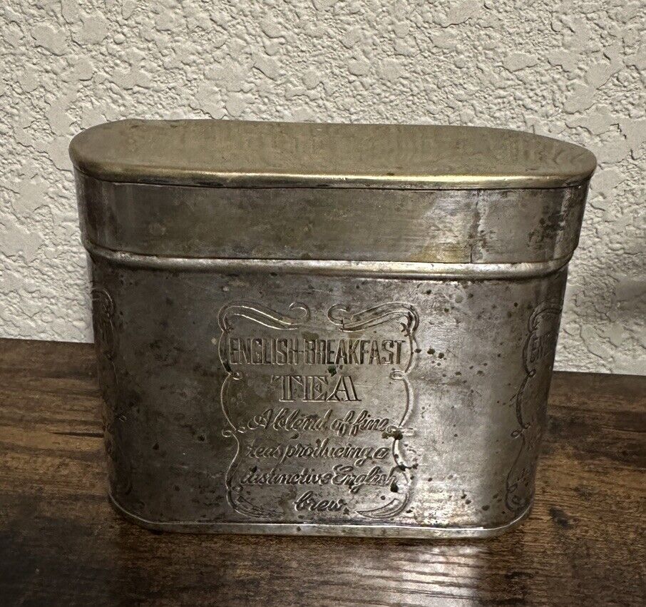 Vintage Silverplate Tin English-Breakfast Tea Oval 4.75” Tarnished Distressed