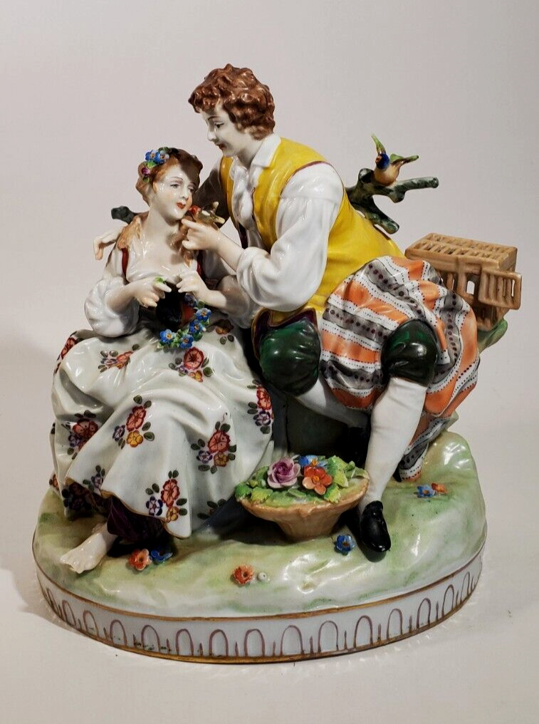 Porcelain Figurine Rudolstadt Volkstedt Germany Romantic Couple Birds Cage