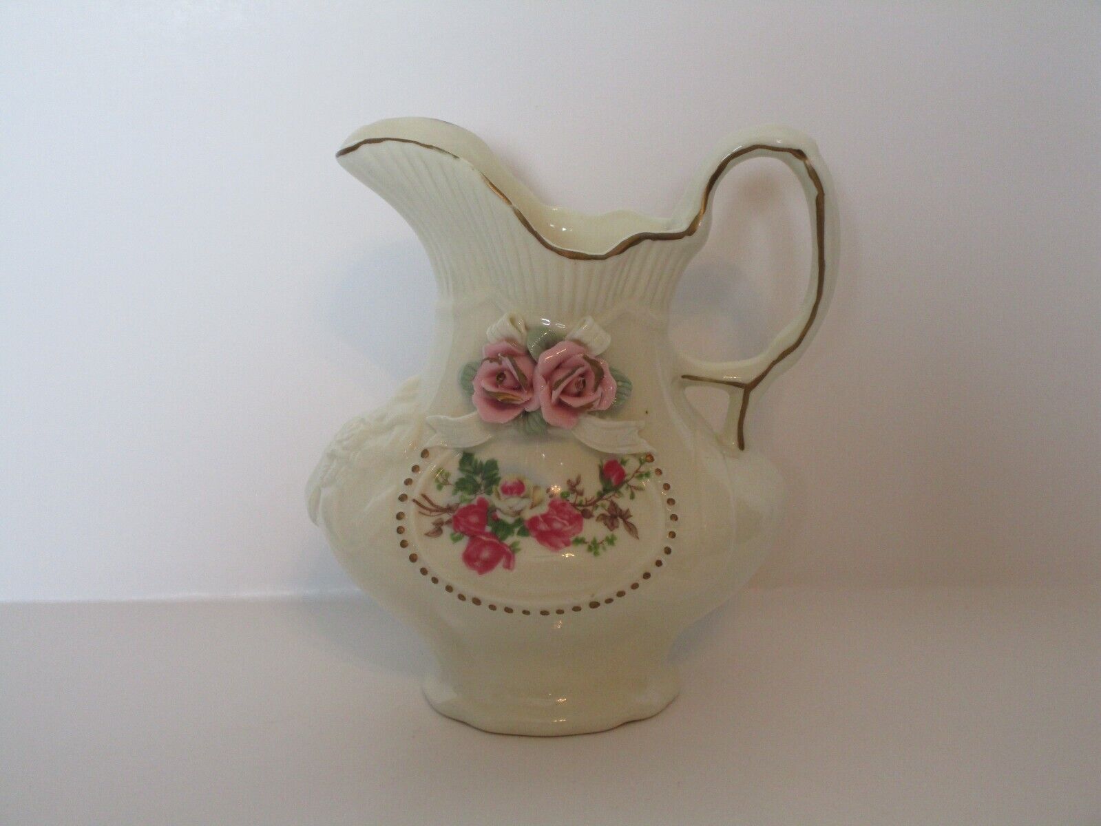 Vintage Ceramic Embossed Pitcher w/Pink \