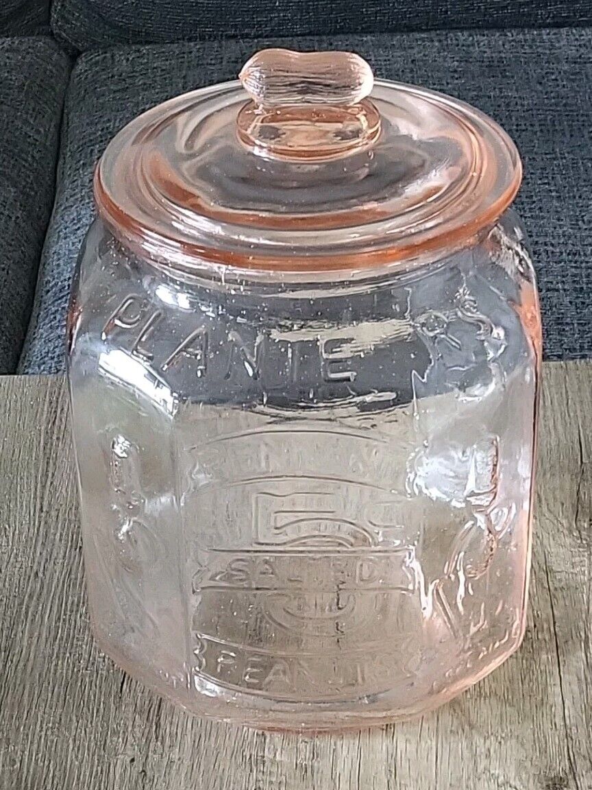 Planters Mr. Peanut Pink Depression Glass Jar Pennant 5₵ Salted 12.5\