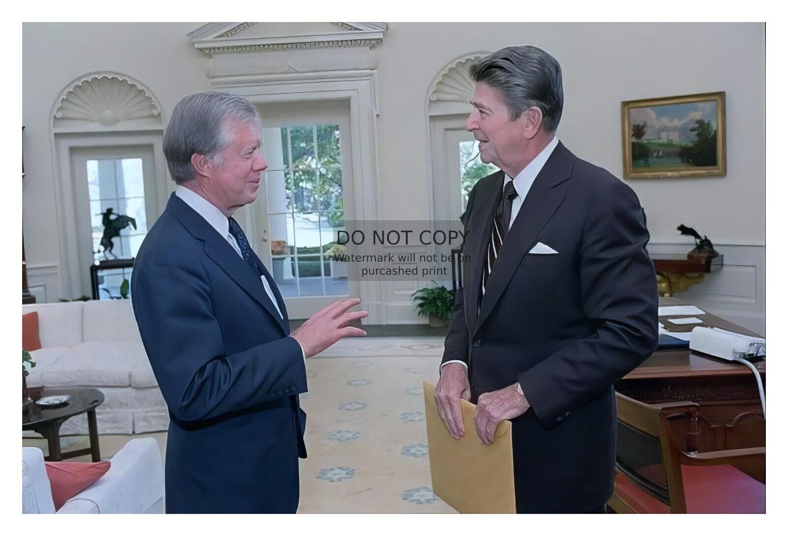 PRESIDENT RONALD REAGAN AND JIMMY CARTER IN THE OVAL OFFICE 1981 4X6 PHOTO