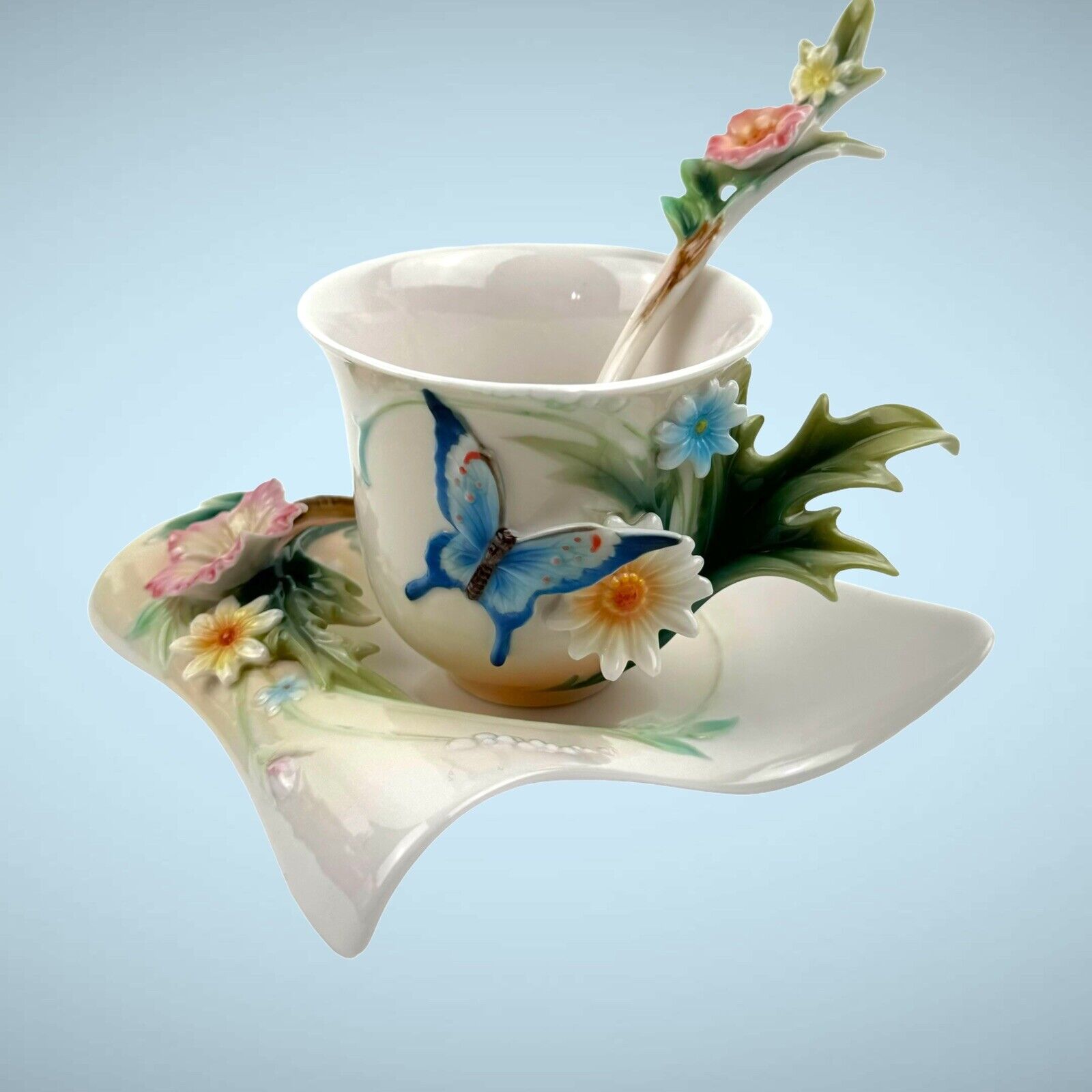 Franz Porcelain Butterfly Fluttering Beauty Flower Cup Saucer Spoon FZ01838