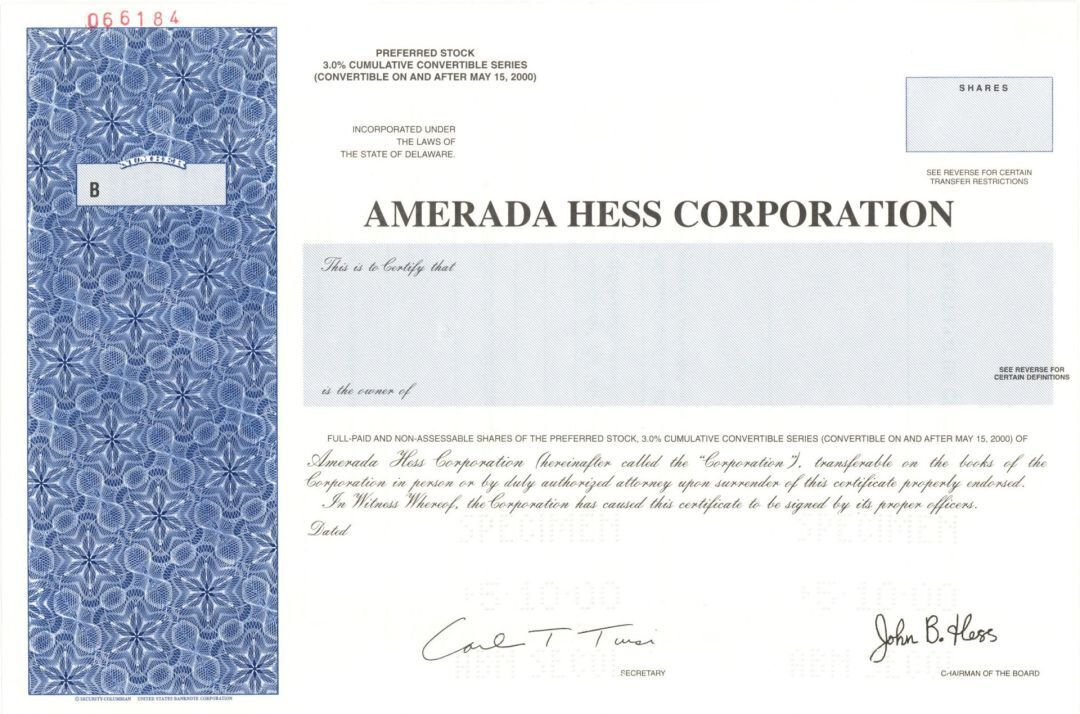Amerada Hess Corp. - 2000 dated Specimen Stock Certificate - Now the Hess Corpor