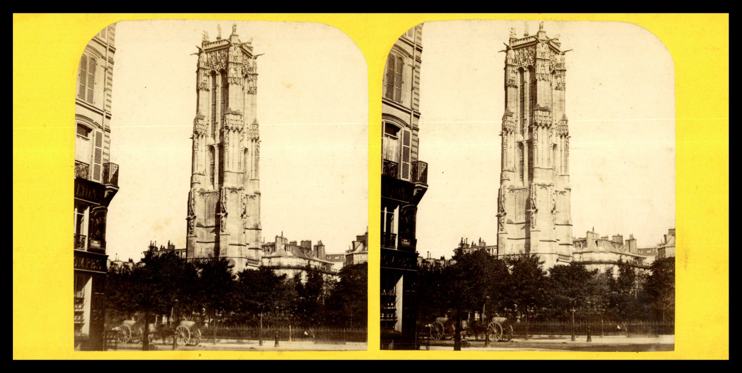 Paris, the Tour Saint-Jacques, ca.1870, stereo print vintage stereo, legend