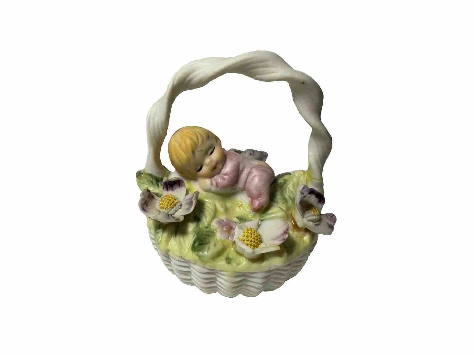 Vintage Lefton Ceramic Woven Basket With Baby Napping In Flowers