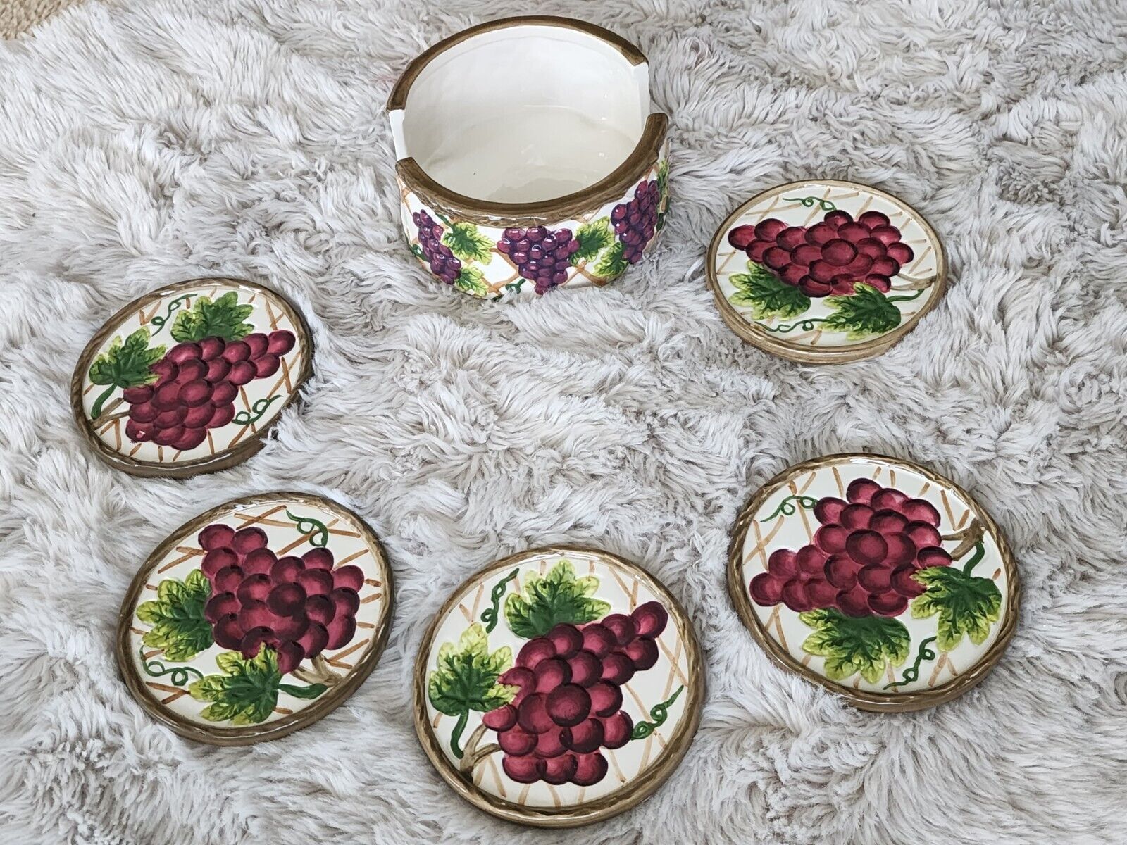 Vintage Majolica KK Ceramic Grapes & Leaves Cup Coasters And Coasters Holder Set