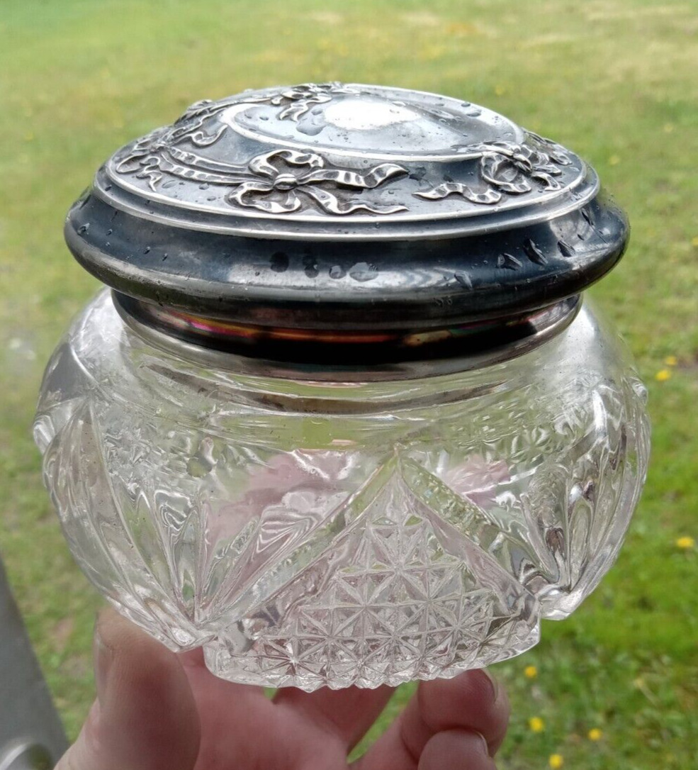 Antique Art Nouveau Repousse Cut Glass Powder Dresser Vanity Box Jar Silverplate