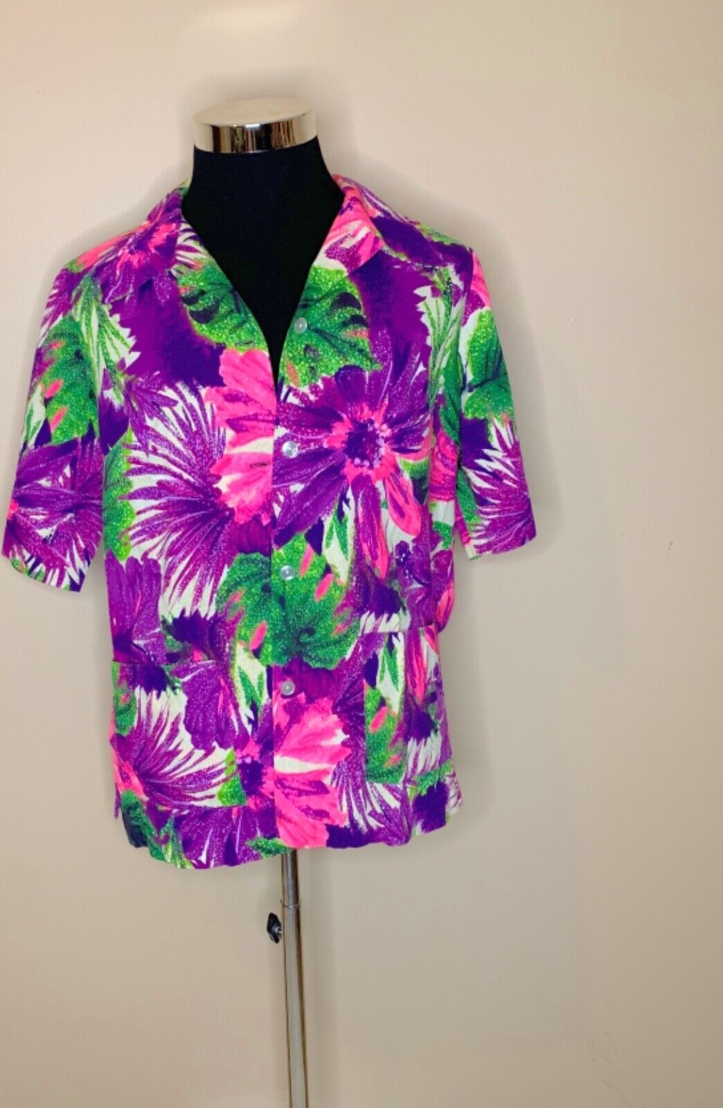 Mei Jan of Hawaii Vintage 60’s Size 18 Tropical Barkcloth Button  Pockets Blouse