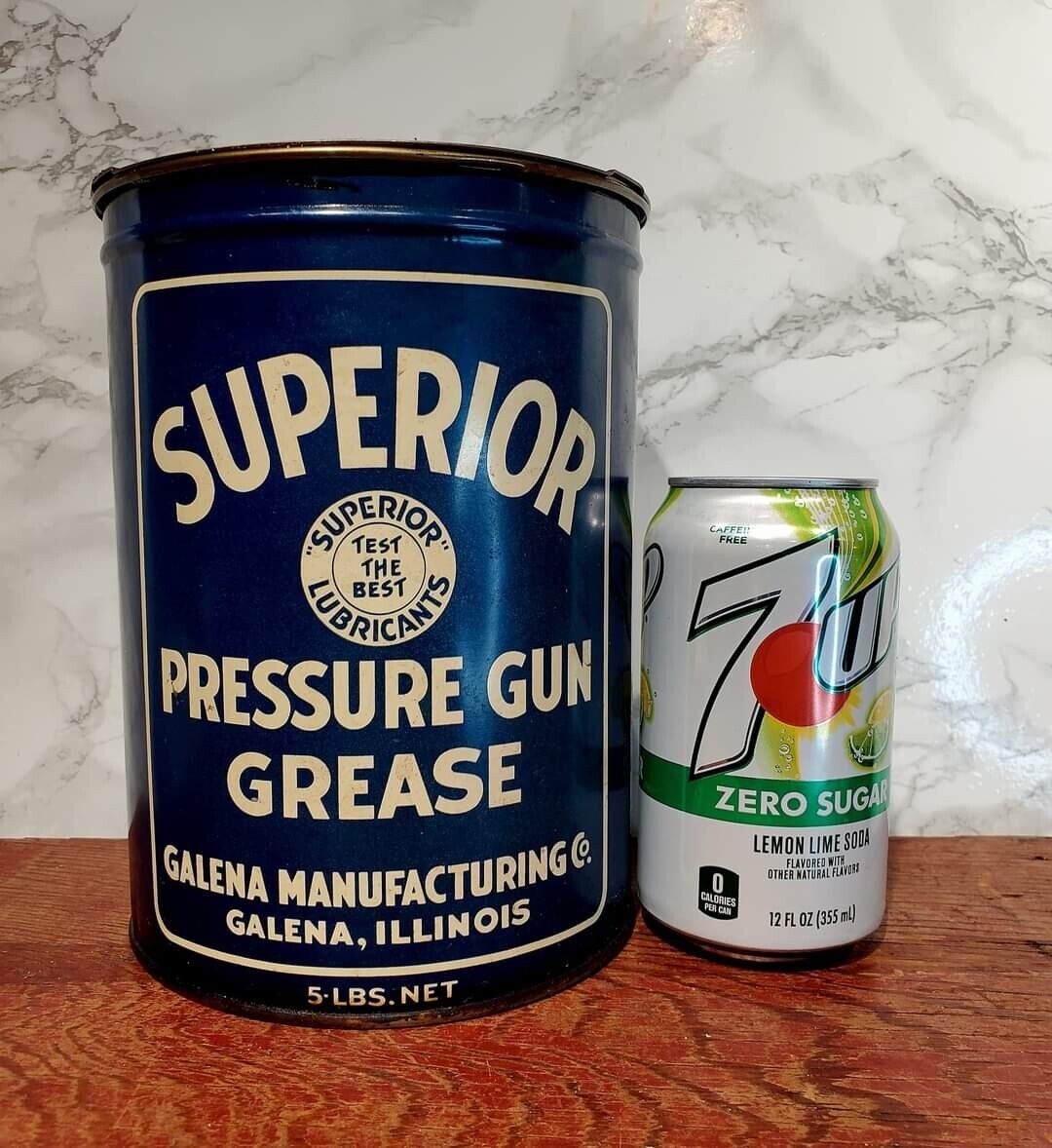 Vintage 1930s/1940s Superior 5# Pressure Gun Grease Tin. Galena Mfg, Illinois 