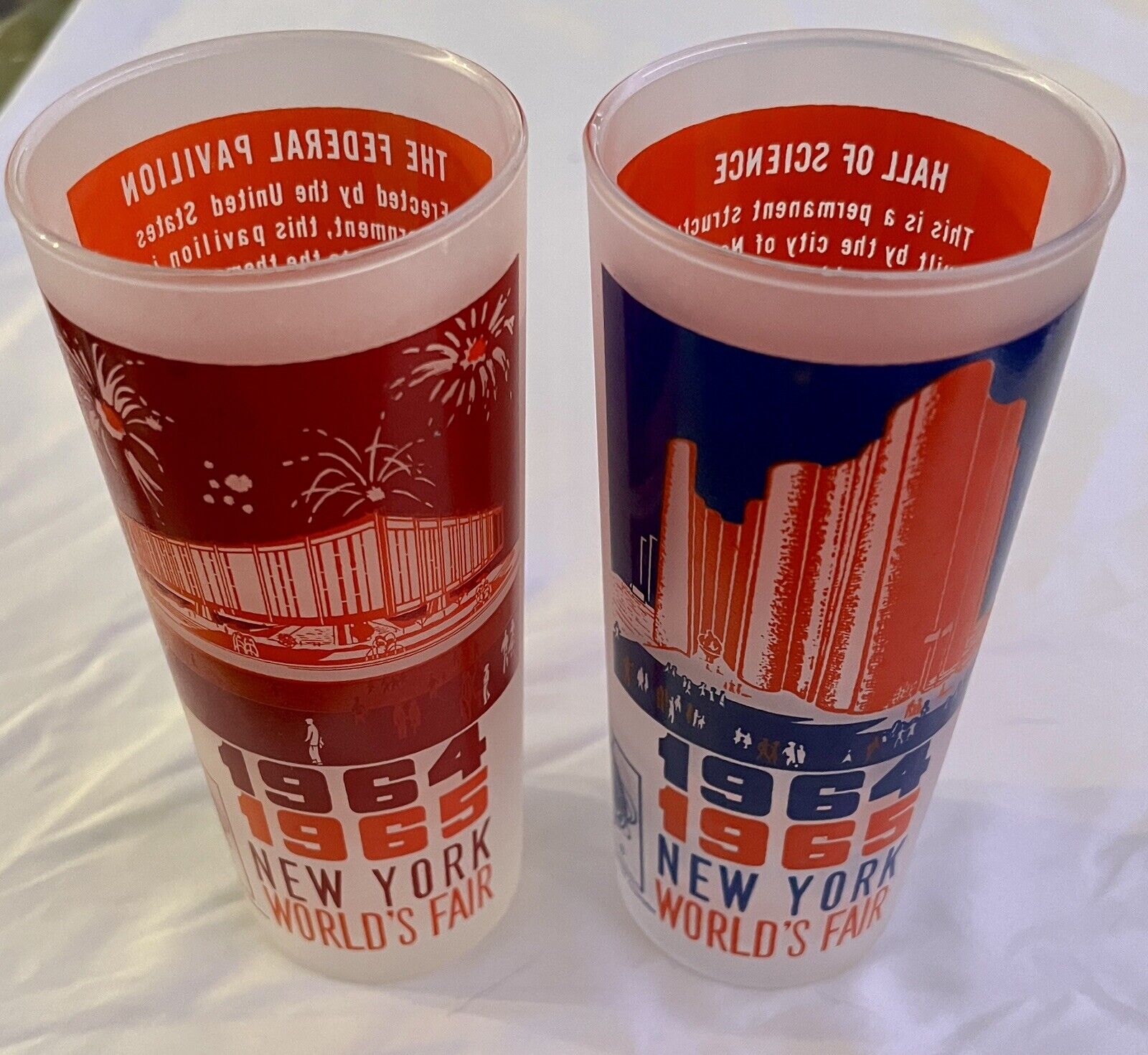 PAIR VINTAGE 1964-65 NEW YORK WORLD’S FAIR TALL FROSTED GLASSES/TUMBLERS