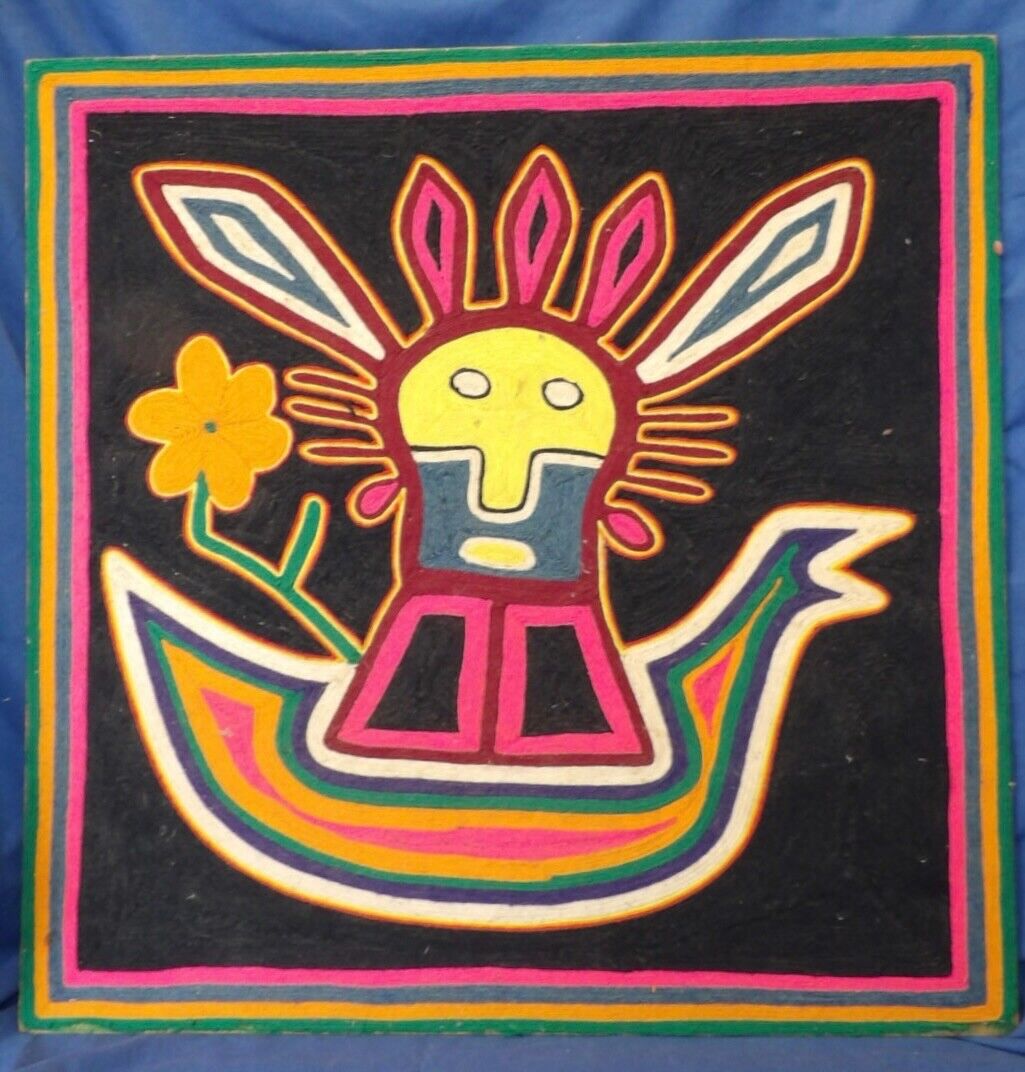 Folk Art Huichol Indian Peyote Yarn Painting - Surreal Modified Rabbit #4