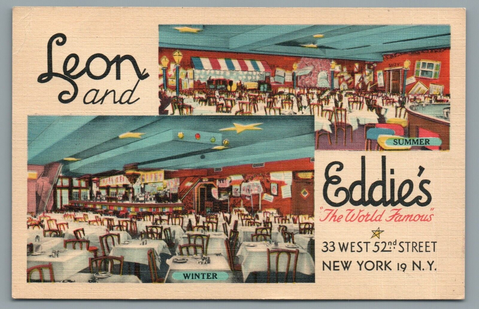 Leon and Eddie\'s Restaurant 33 West-52nd St. NYC NY New York Vintage Postcard