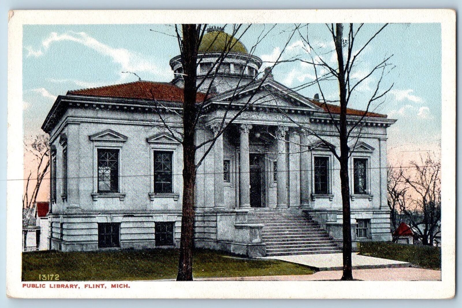 c1920's Public Library Building Facade Entrance Stairs Flint Michigan Postcard