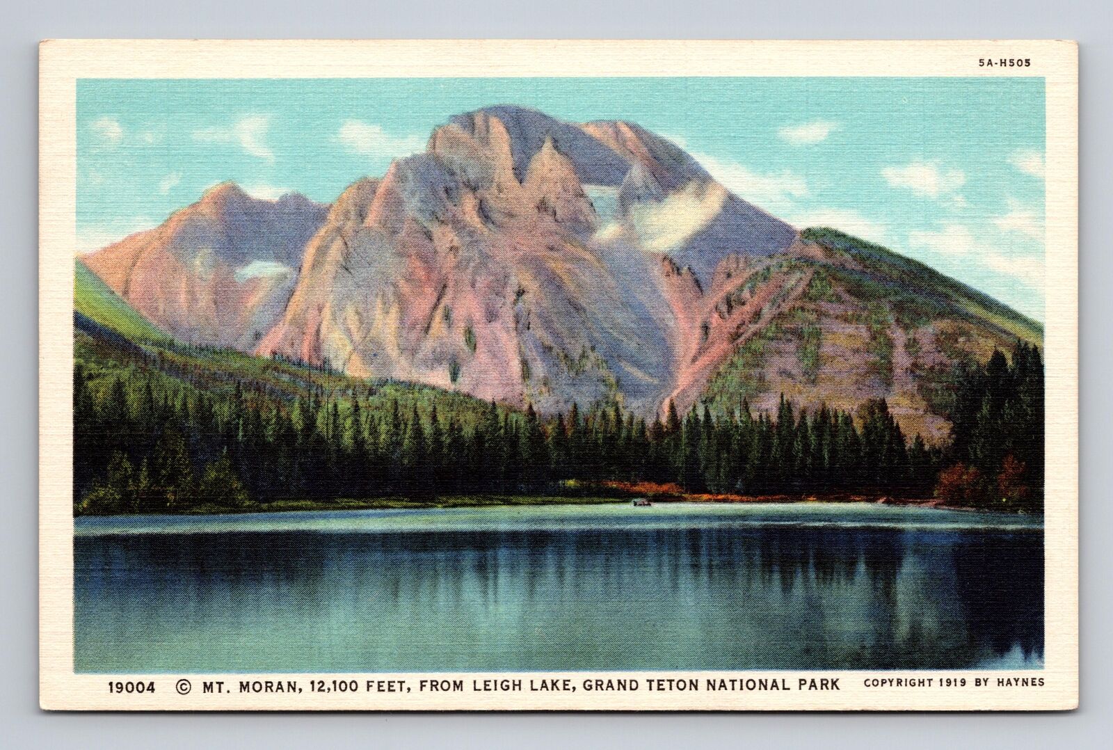 c1935 Linen Postcard Grand Teton National Park WY Mt Moran Leigh Lake Mountain
