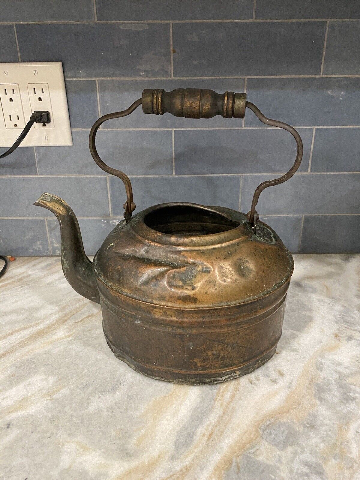Vintage Copper Teapot Tea Kettle With Wood Handle