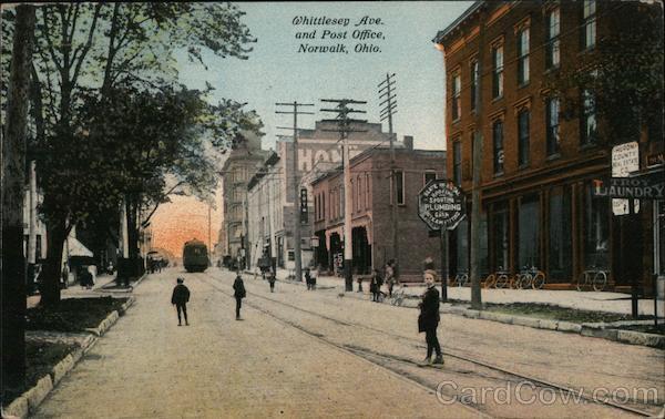 1910 Norwalk,OH Whittlesey Ave. and Post Office Huron County Ohio Postcard