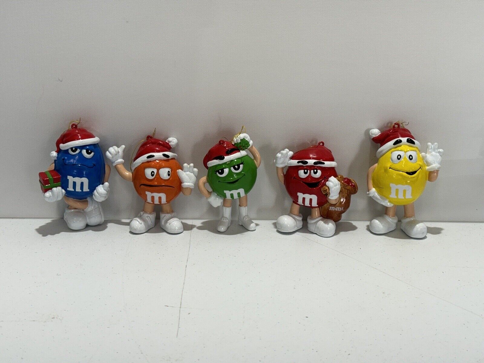 5 Vintage M&M Christmas Holiday Tree Ornaments Orange Red Blue Yellow Green