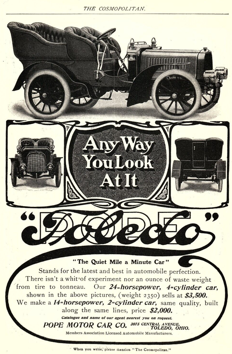 1904 POPE TOLEDO MOTOR CAR CO. OLDSMOBILE FULL PAGE PRINT ADVERTISEMENT Z1796