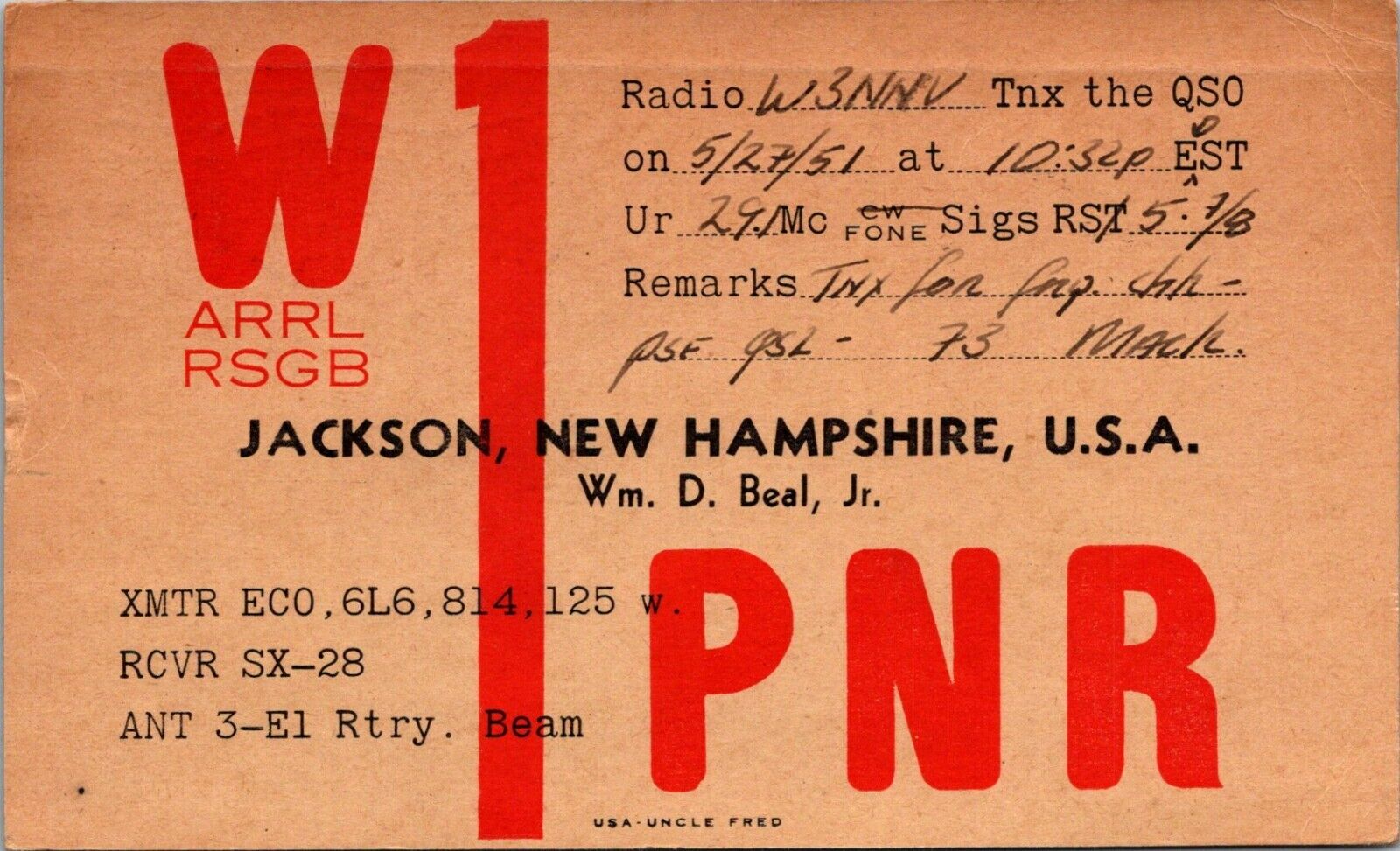 W3NNV William D. Beal Jr. Jackson New Hampshire 1951 QSL Card Ham Radio