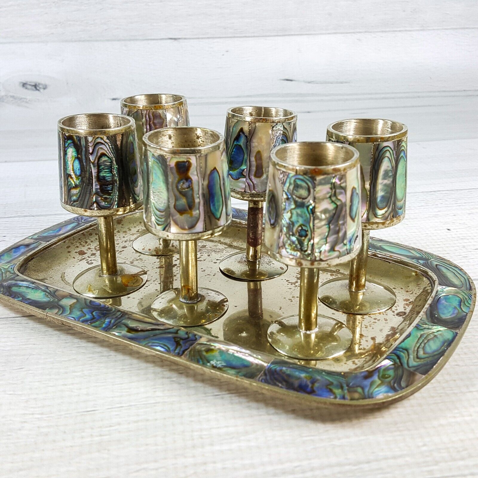 Vintage Mexican Silver & Abalone Inlay Tray w Set of 6 Pedestal Shot Glasses