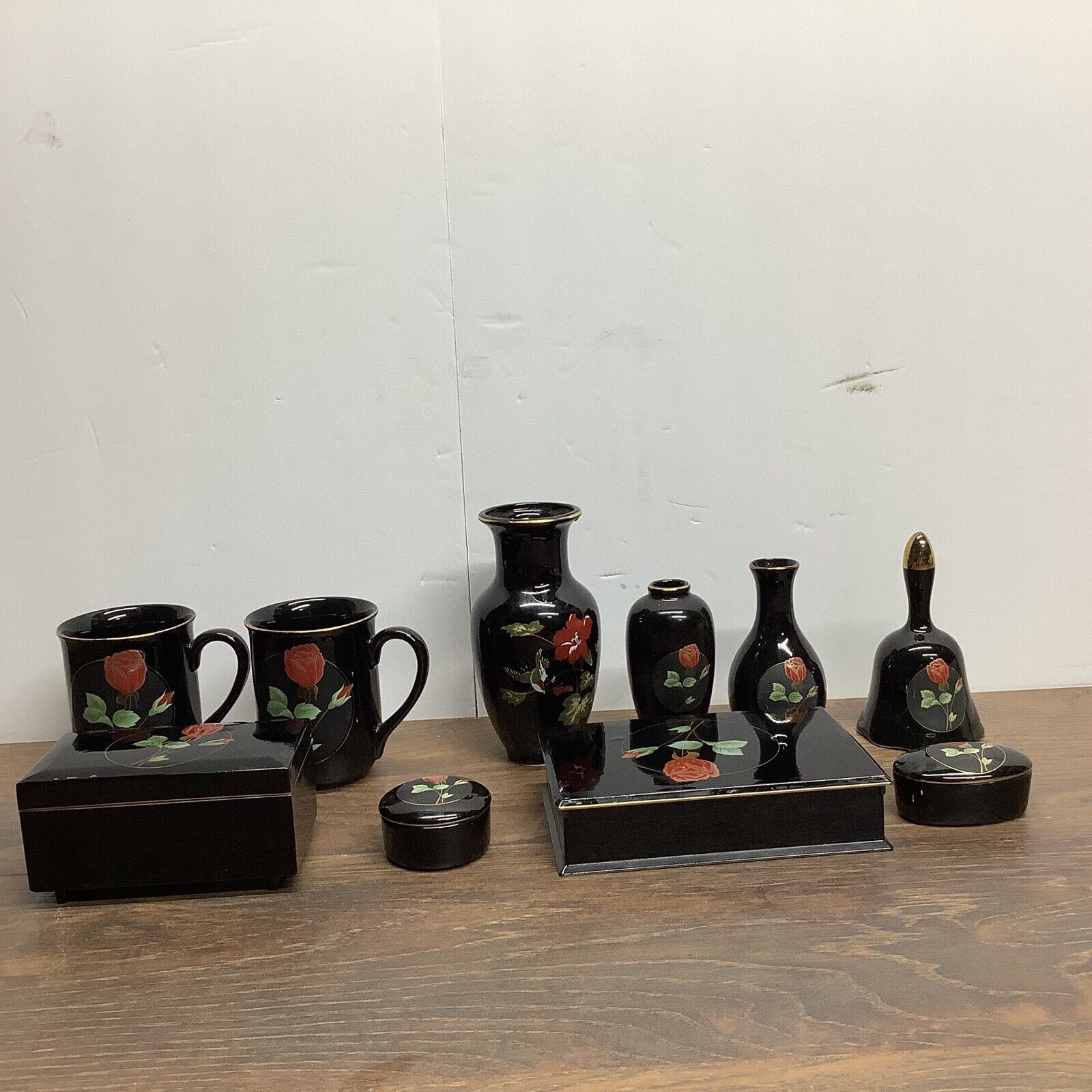 Lot .of 10 Otagiri Crimson Rose Black mugs, vases, bell ,boxes And Bell Rare