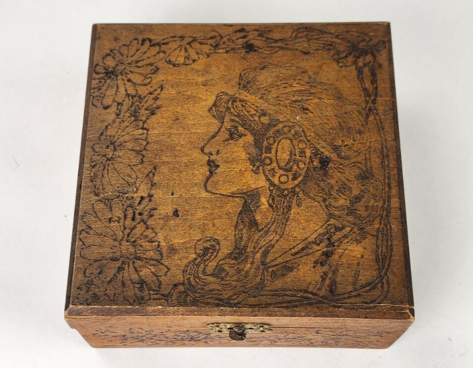 Antique Vintage Flemish Art Pyrography Burned Wood Art Nouveau Woman Box
