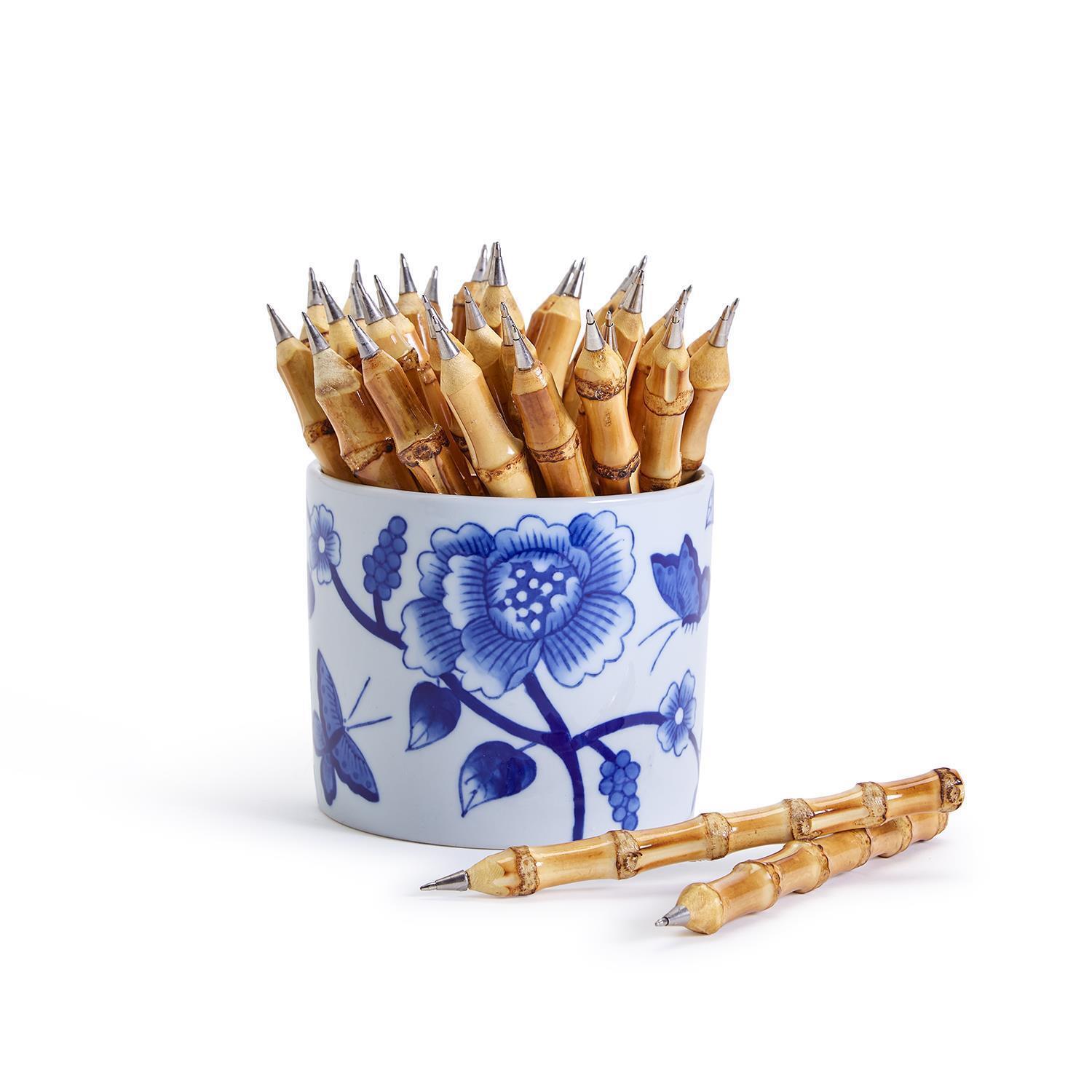 Two's Company Natural Bamboo 36-Pieces Pen w/ Blue Floral Jar