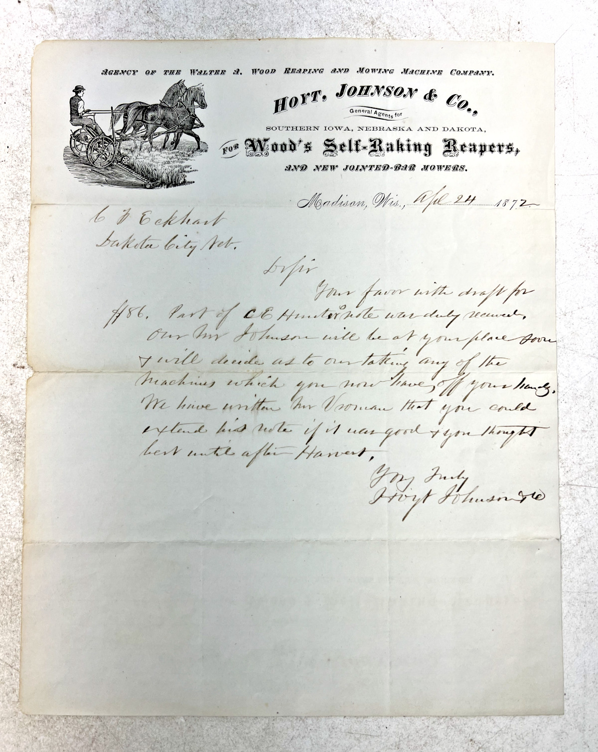 Antique 1872 Letter from Hoyt, Johnson & Co. - Madison, Wisconsin