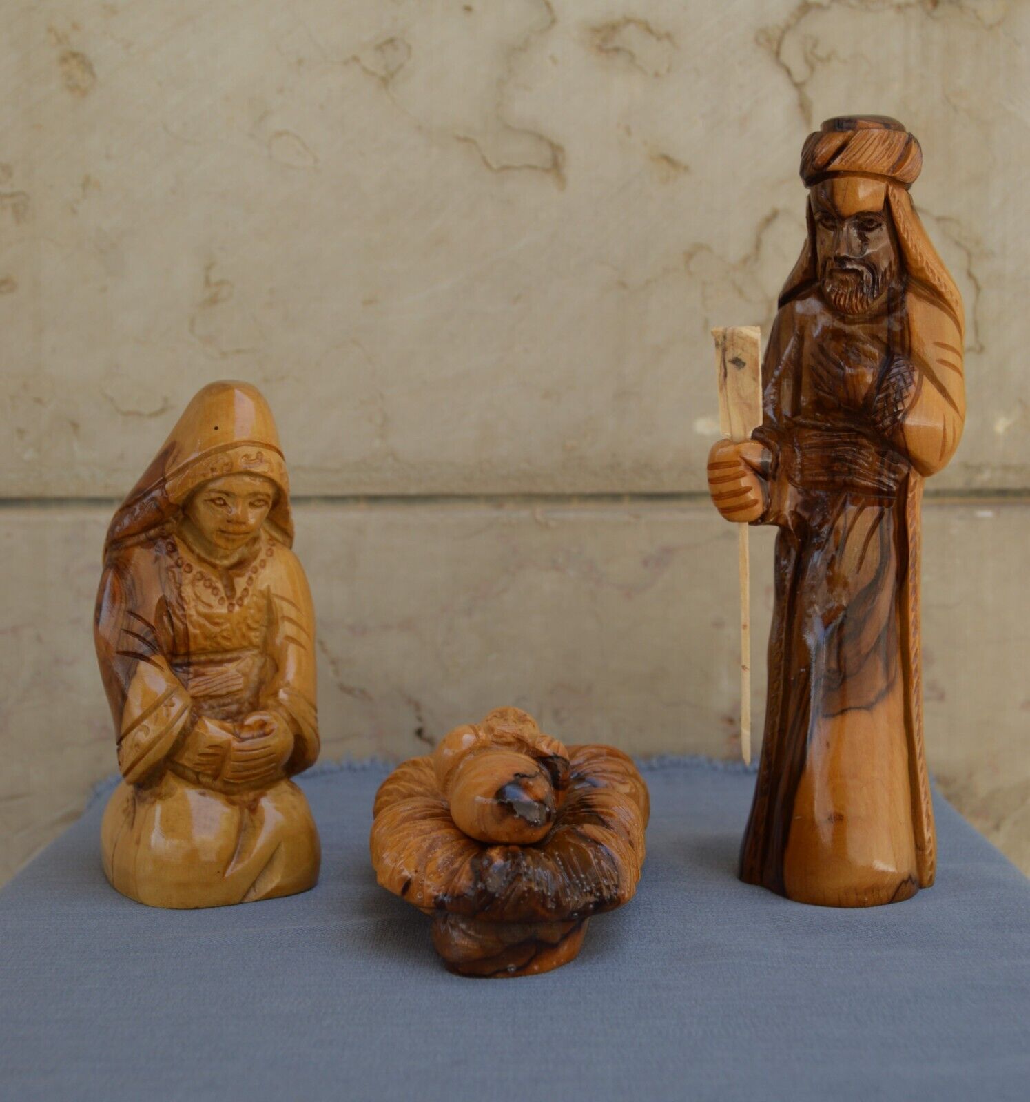 Vintage Large 4 Figure Nativity Scene Hand Carved Olive wood Holy Family Statues