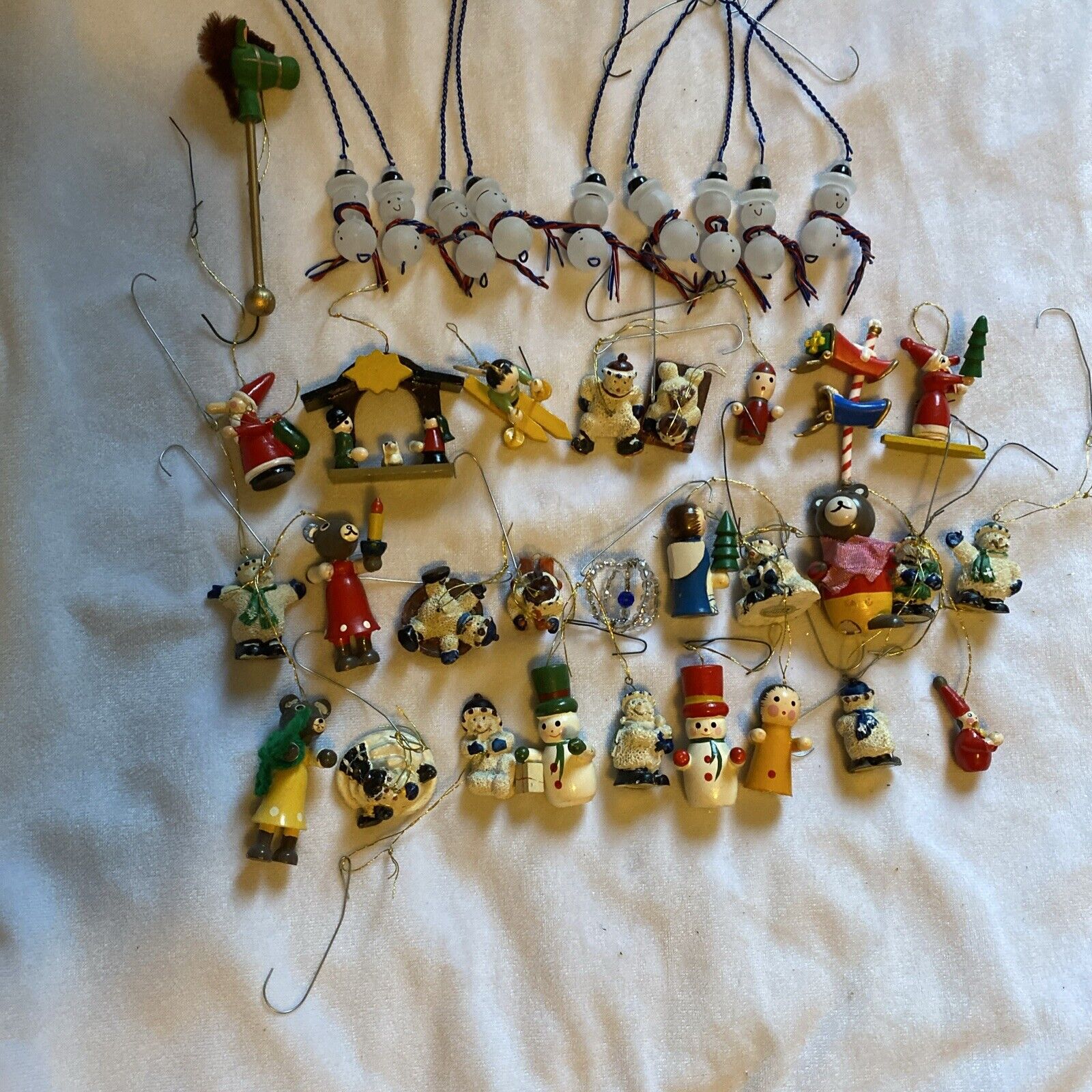 Vintage Lot Of 37 Mini Christmas Tree Ornaments Wooden Acrylic Plastic Asst