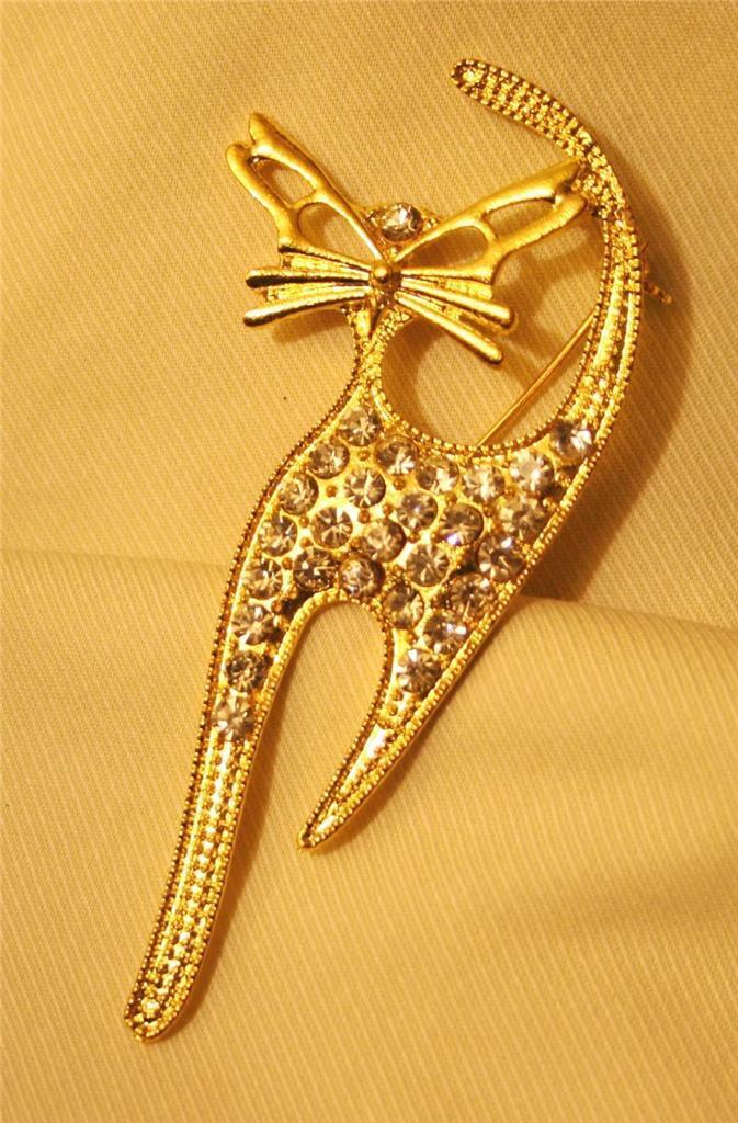 Delightful Stylized Goldtn Kitty Cat Kitten Rhinestone Figural Brooch Pin