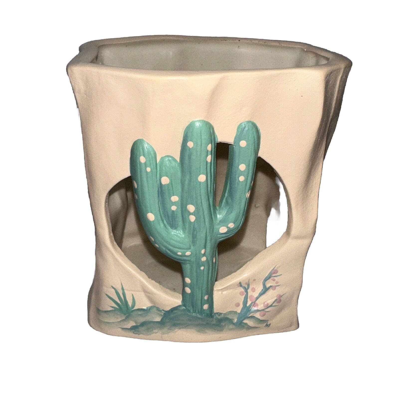 Vintage Southwestern Cactus Paper Bag Ceramic Candle Holder