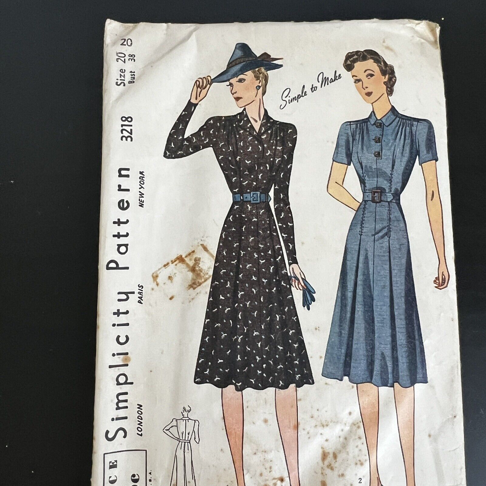 Vintage 1930s Simplicity 3218 Notched Collar Dress Sewing Pattern 20 L/XL USED